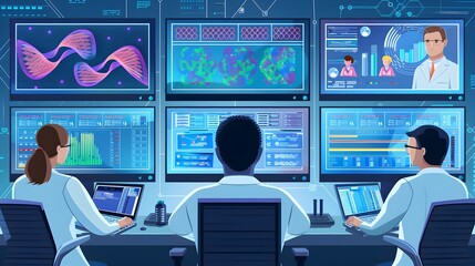 Poster - Bioinformatic Researchers Analyzing Genetic Data on Multiple Displays