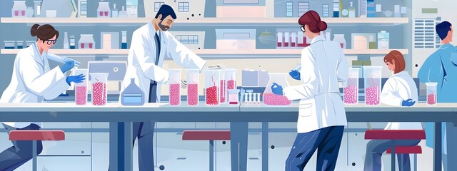 Poster - Team of Scientists Conducting Cell Culture Experiments in a Modern Laboratory