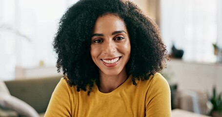 Poster - Face, laptop and smile with remote work woman in living room of home for freelance employment. Portrait, small business or startup with happy person in apartment for development, planning or research