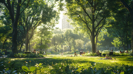 Wall Mural - Photo realistic as Friends enjoying a cool city park concept: High resolution image of friends escaping the heat, capturing relaxation, fun, and green space in urban park environme