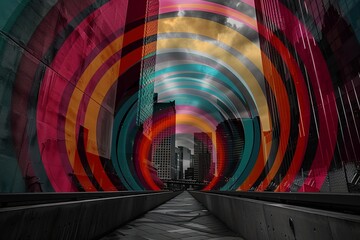 Wall Mural - Rainbow circle radius graphic on monocolor of cityscape of skyscrapers, high buildings. street, sea, and bay on cloudy sky.