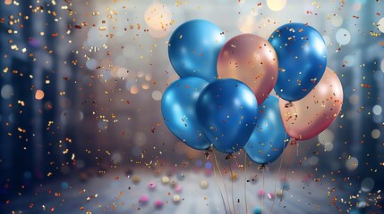 Poster - Happy birthday background with luxury balloons and confetti. Generative AI.