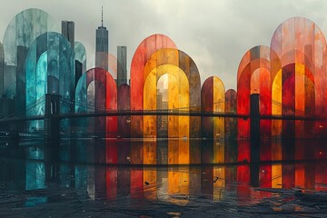 Wall Mural - Rainbow circle radius graphic on monocolor of cityscape of skyscrapers, high buildings. street, sea, and bay on cloudy sky.