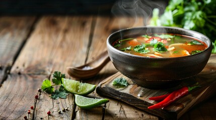 A steaming bowl of traditional Thai Tom Yum soup garnished with fresh cilantro and lime slices on a rustic wooden table