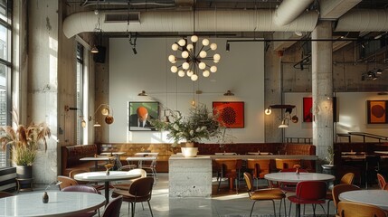 Poster - A modern and industrial restaurant with white concrete walls, a large chandelier hanging from the ceiling, modern pop art paintings on the open wall. Generative AI.