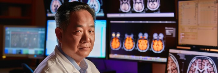 Aufkleber - Optimistic Asian Researcher in Laboratory Analyzing Brain Scans for Chronic Traumatic Encephalopathy Diagnosis at Night
