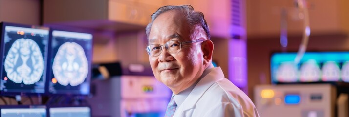 Aufkleber - Optimistic Asian Middle-Aged Male Researcher Using Brain Imaging Technology in Laboratory to Study Chronic Traumatic Encephalopathy