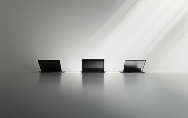 Aufkleber - Symmetrical Abstract of Three Laptops on a Desk with Blurry Financial Documents, Utilizing Soft Grey Background and High-Definition Long-Exposure Photography