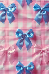 Aufkleber - Charming pattern of light blue bows on pink gingham, regular placement, delicate and soft textures. Generative AI.