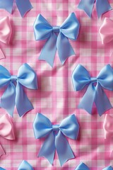 Aufkleber - Charming pattern of light blue bows on pink gingham, regular placement, delicate and soft textures. Generative AI.