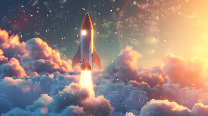 Wall Mural - Space rocket launch with fiery boosters amidst dramatic clouds against a sunset sky,Successful space rocket launch with a blast into the starry sky on a dark background


