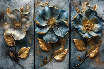 Wall Mural - three panel wall art, marble background with golden and silver Teal Flower Plants designs, wall decoration