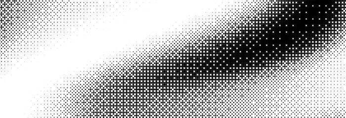 Poster - Bitmap grunge gradient texture. Black and white pixelated dither pattern wallpaper. Abstract glitchy 8 bit game pattern background. Retro wide rasterized backdrop. Pixel art illustration. Vector