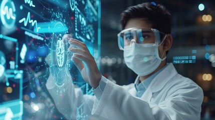 High tech hospital surgeons perform brain surgery using augmented reality display. Future advanced technology. Science futuristic digital concept.