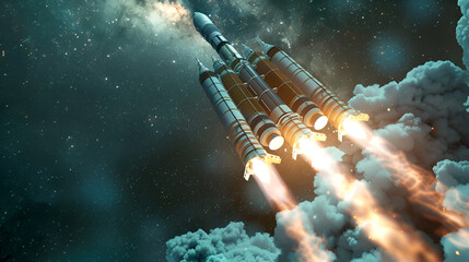Wall Mural - Rocket in the space, 3d rendering. Computer digital drawing,Rocket engines and fire ignition. Missile launch at night, close up,Rocket taking off illustration, startup and ideas concept, background

