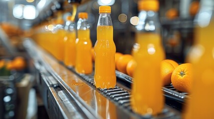 Canvas Print - At an orange juice manufacturing factory, a bottle is being filled with orange juice. Generative AI.