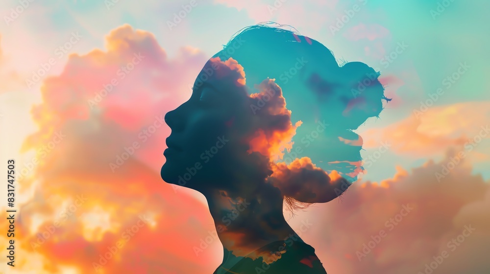 Double exposure profile of woman with clouds and sky, blending ...