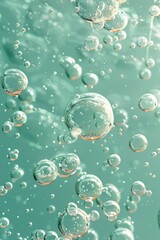 Wall Mural - Small white bubbles on the surface of water, light green background. Generative AI.