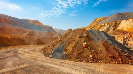 Gold mine with piles of ore, clear blue sky, room for advertising text