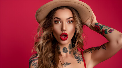 Wall Mural - Portrait of gorgeous glam tattooed lady with long wavy hair and beautiful make up holding her trendy fedora hat for it not to be blown away by the wind. Her mouth open with surprise ai generative