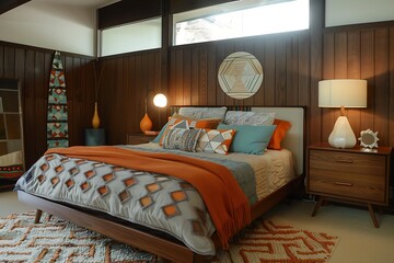Wall Mural - A mid-century modern bedroom with a geometric headboard and vintage nightstands.