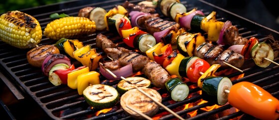 Wall Mural - Delicious grilled vegetables and meats sizzling on a backyard barbecue