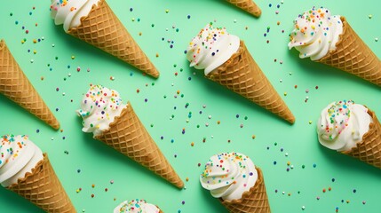 Delicious ice cream cones with sprinkles on a vibrant green background