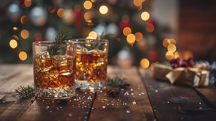 Close-up of two whiskey glasses toasting, adorned with sprigs of rosemary and festive ribbons, warm lighting and blurred Christmas tree in the background, cozy and sophisticated.