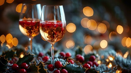 Close-up of two wine glasses clinking, adorned with holly and berries, detailed textures of the glasses, blurred background with festive Christmas lights, cozy and joyful atmosphere.