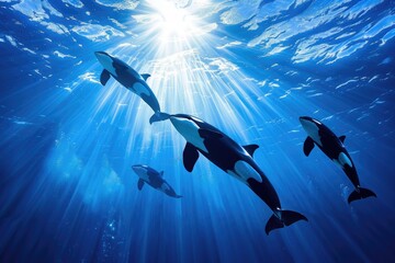 Wall Mural - herd orca fish  or killer whale dive under sea 