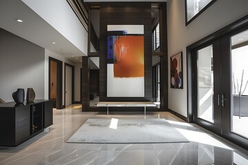 Wall Mural - A modern foyer with a statement art piece and a minimalist shoe rack.