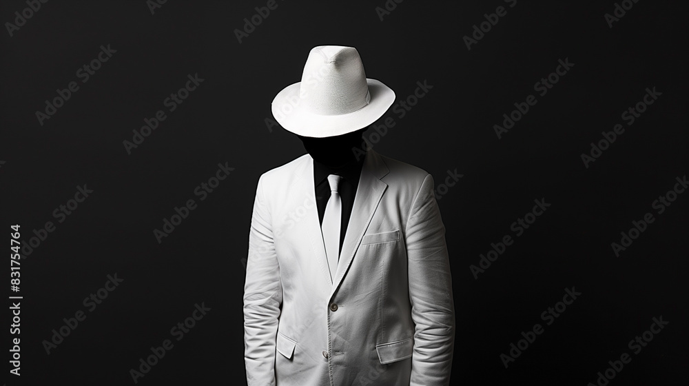 A man in a suit and hat is standing in front of a black background ...