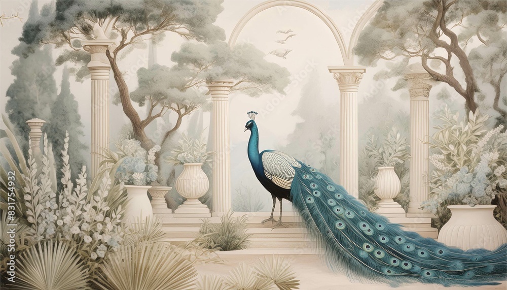 孔雀 鳥 森 庭園 植物 ボタニカル ヴィンテージ 壁画 絵画 壁紙 背景