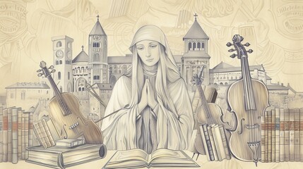 Wall Mural - Surrounded by Books and Musical Instruments, St. Hildegard of Bingen, Biblical Illustration, Beige Background, Copyspace