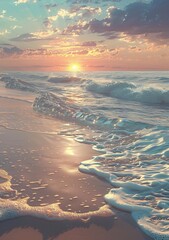 Serene ocean scene with calm waves lapping against a sandy beach at sunrise