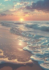 Wall Mural - Serene ocean scene with calm waves lapping against a sandy beach at sunrise