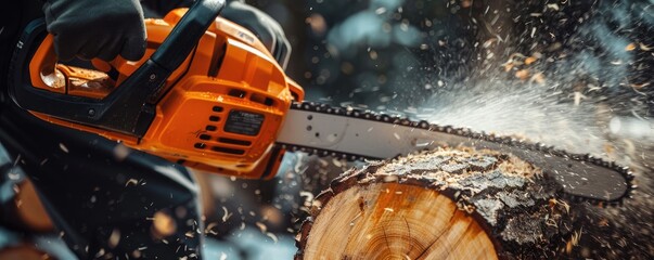 chainsaw in motion, slicing through a log with sawdust flying around Suitable for work and power tools themes.