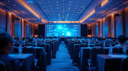 Poster - A conference was held in a hotel, with many people sitting at long tables and watching presentations on stage. The main color was blue. Generative AI.