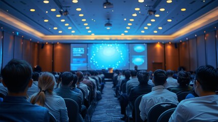 Poster - A conference was held in a hotel, with many people sitting at long tables and watching presentations on stage. The main color was blue. Generative AI.