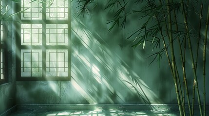 Poster - Light shines on the bamboo, casting shadows on the dark green Chinese-style wall. Generative AI.