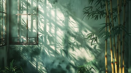 Poster - Light shines on the bamboo, casting shadows on the dark green Chinese-style wall. Generative AI.