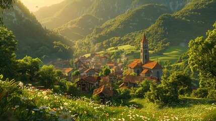 Wall Mural - A quaint village nestled in a verdant valley, bathed in the soft glow of the setting sun, evoking a sense of nostalgia and tranquility.