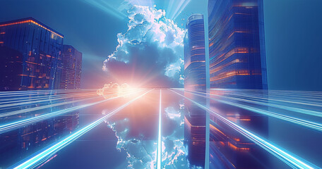 Leinwandbilder - A digital illustration of a leased line internet connection between two modern buildings. Generative AI.
