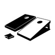 © Suphannika - Cornhole Game Vector Illustration, Minimalist black and white vector illustration of a cornhole game setup with boards and bean bags.