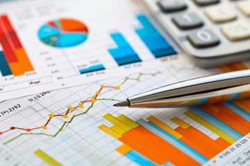 Aufkleber - A pen is on top of a stack of graphs. The graphs are colorful and show different data points. The pen is black and has a gold tip. Concept of analyzing data and making sense of it