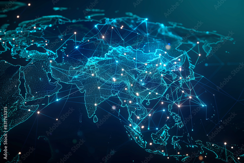 A blue and white map of the world with many dots on it. The dots represent cities and other points of interest. The map is very detailed and shows the connections between different places
