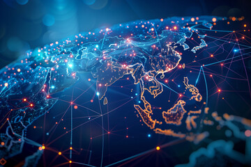 Poster - A colorful map of the world with a lot of dots and lines. The map is made up of different colors and shapes, and it looks like a computer-generated image. Scene is bright and lively
