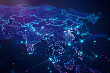 Poster - A blue and white map of the world with many dots on it. The dots represent cities and other points of interest. The map is very detailed and shows the connections between different places