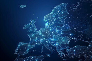 Poster - A blue and white map of the world with many dots on it. The dots represent cities and other points of interest. The map is very detailed and shows the connections between different places