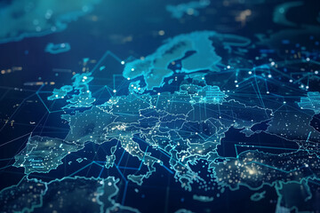 Poster - A blue and white map of the world with many dots on it. The dots represent cities and other points of interest. The map is very detailed and shows the connections between different places